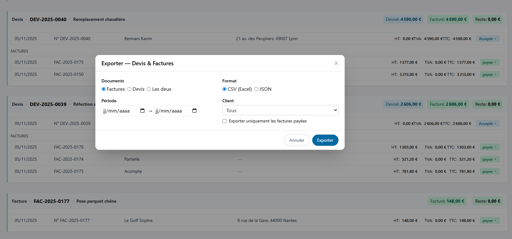 Export des données et personnalisation dans FlowDevis